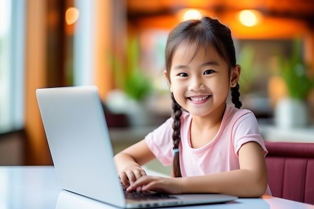 Cute little girl using laptop at home Education online study home studying distance learning homework schoolgirl children lifestyle concept