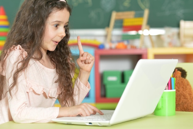 Cute little girl using modern laptop at home