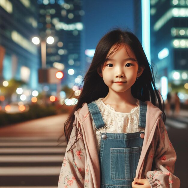 Foto una bambina carina che cammina in città di notte