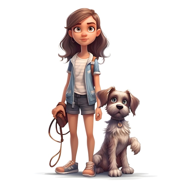 Cute little girl walking with her dog Cartoon character