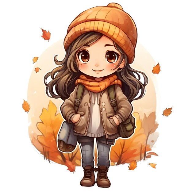 Photo cute little girl in warm clothes and hat with autumn leaves illustration