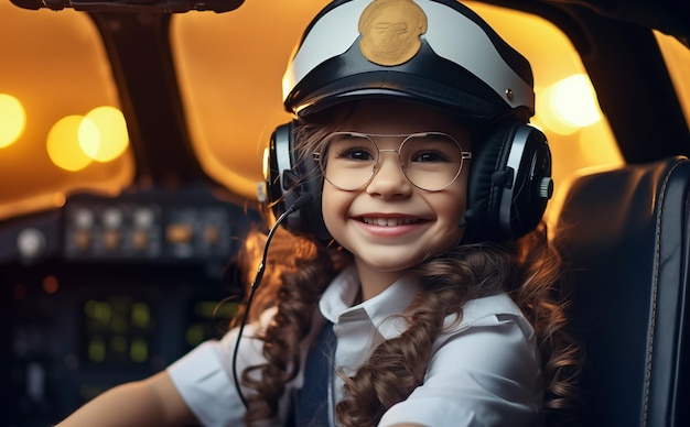 Cute little girl wearing an airplane captain outfit with a hat Child Airplane Pilot Concept