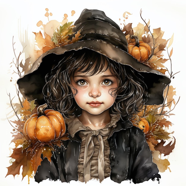 Cute little girl wearing Halloween costume in watercolor style