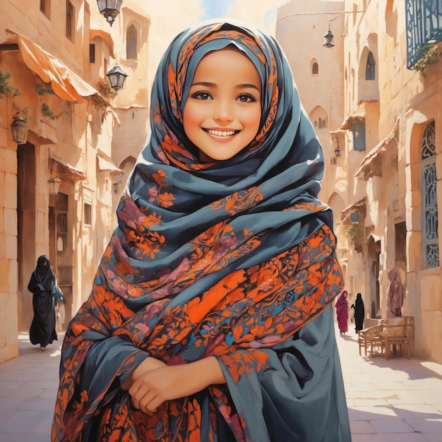 A cute little girl wearing hijab and abaya in a beautiful Arabic city