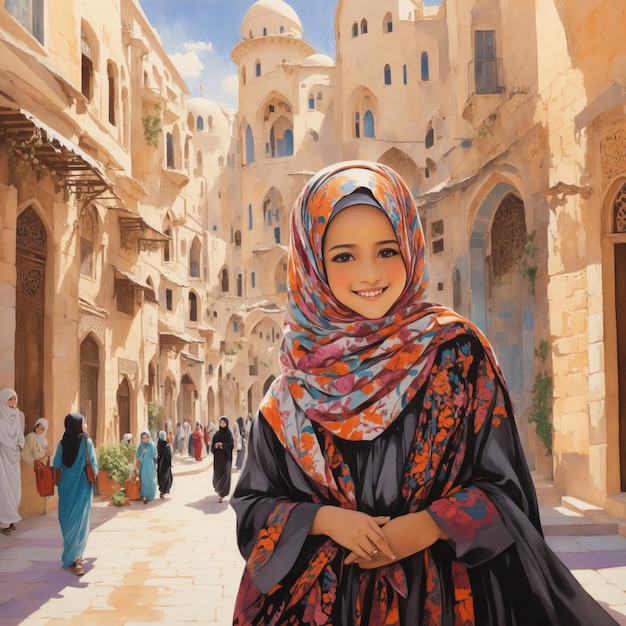 A cute little girl wearing hijab and abaya in a beautiful Arabic city