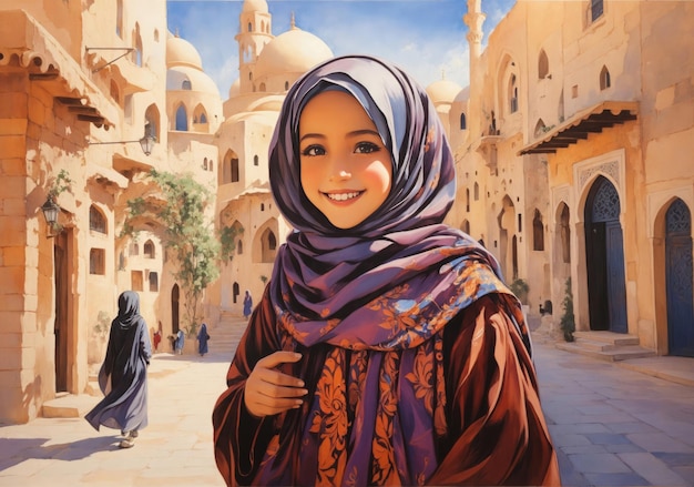 A cute little girl wearing hijab and abaya in a beautiful Arabic city