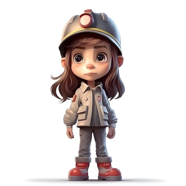 Cute little girl wearing a military uniform and helmet 3d rendering
