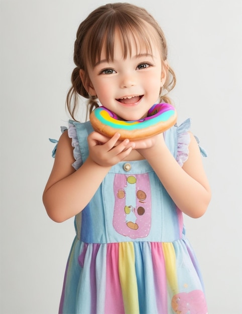 a cute little girl wearing rainbow dress and holding doughnut smile on her face