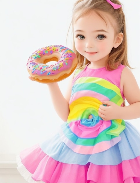 a cute little girl wearing rainbow dress and holding doughnut