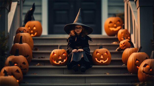 Cute little girl in witch costume sitting on stairs with pumpkins