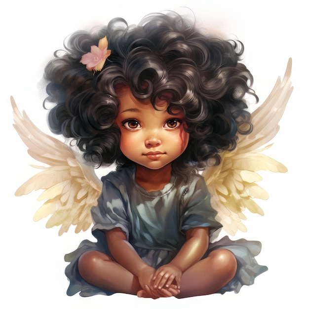 Cute little girl with angel wings on a white background Vector illustration