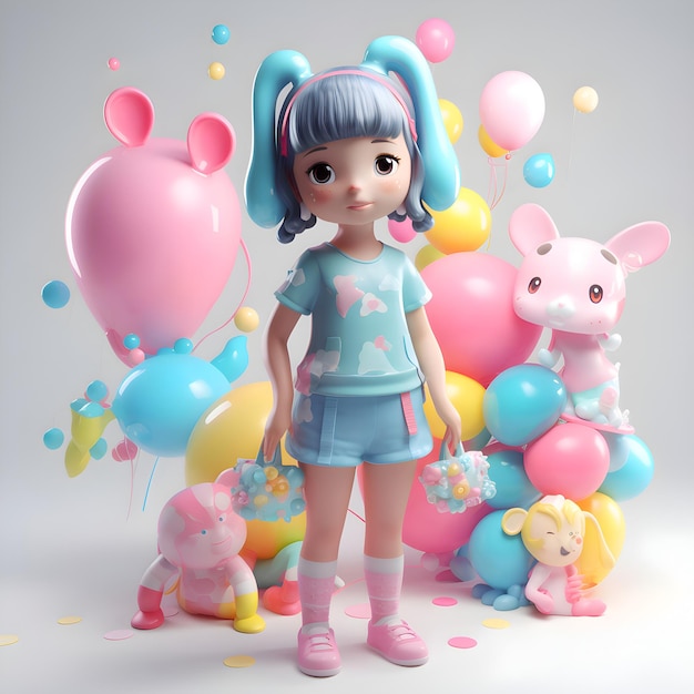 Cute little girl with balloons and rabbit 3D rendering