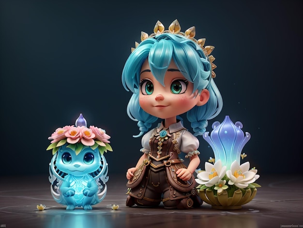 cute little girl with blue hair sitting beside abstract character Ai Generated