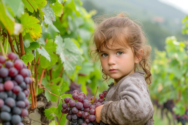 Cute little girl with a bunch of grapes in the vineyard