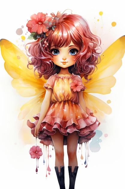 나비 날개와 머리에 꽃을 꽂은 귀여운 소녀