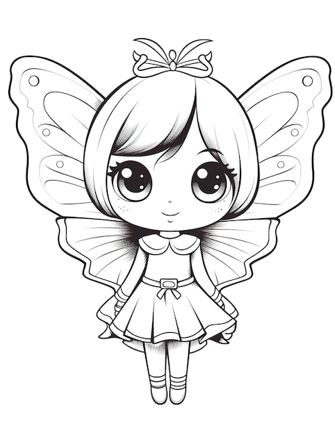 A cute little girl with a butterfly wings on her head Generative AI image Coloring book for kids