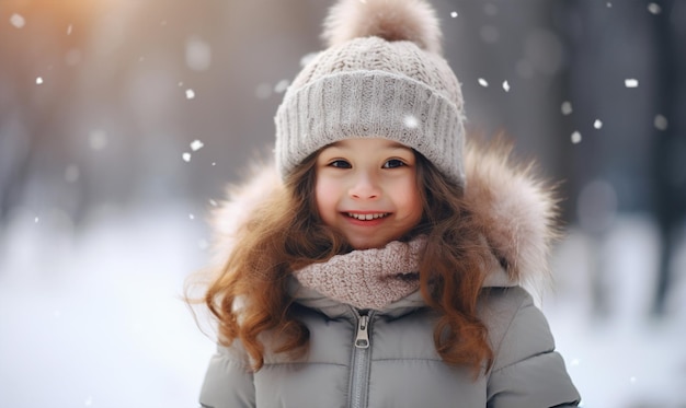 Cute little girl with cold weather and snowflakes Winter holidays Christmas trip