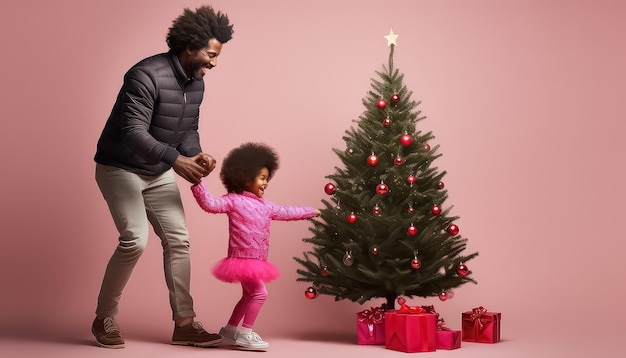 cute little girl with curly afro and her dad playing near Christmas tree in the evening on pink