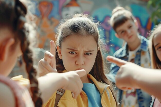 Photo cute little girl with curly hair is bullied and bullied by some girls at school