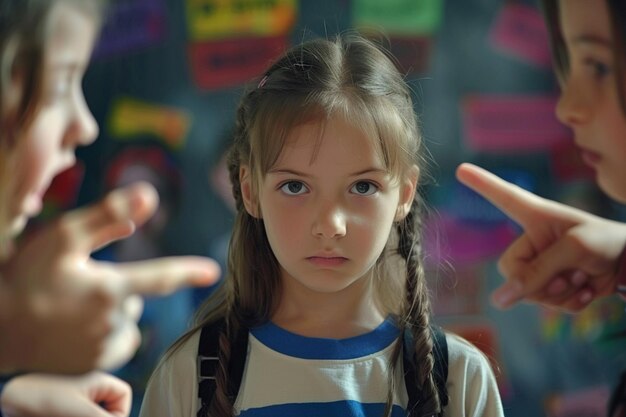 Photo cute little girl with curly hair is bullied and bullied by some girls at school