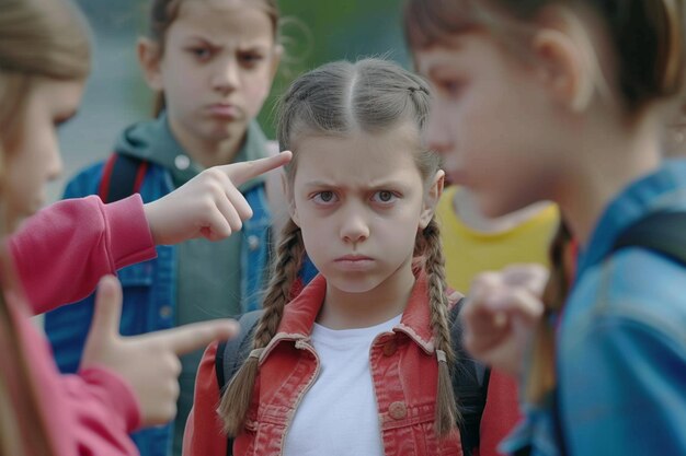 Photo cute little girl with curly hair is bullied and bullied by some girls at school
