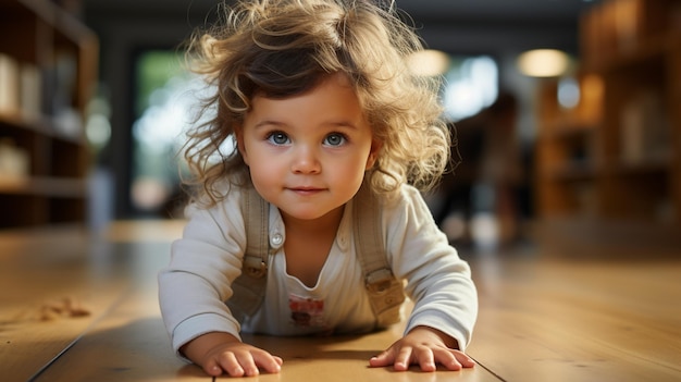 Cute little girl with curly hair lying on the floor at homegenerative ai