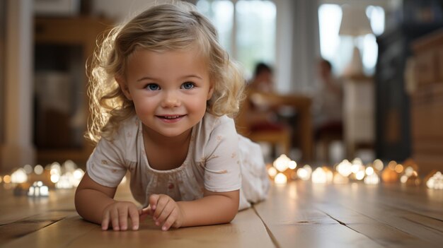 Cute little girl with curly hair lying on the floor at homegenerative ai