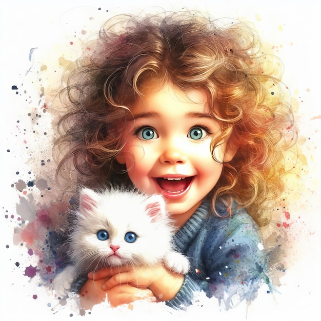 A cute little girl with curly hair and an open look is holding a kitten in her hands