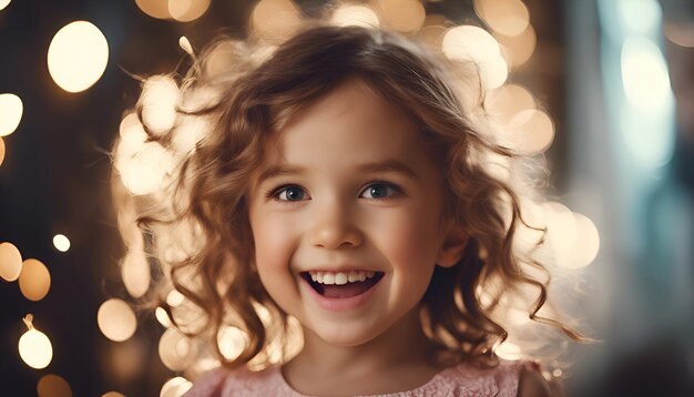 Cute little girl with curly hair in room decorated for Christmas