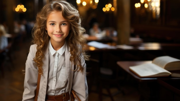 Photo cute little girl with curly hair in school