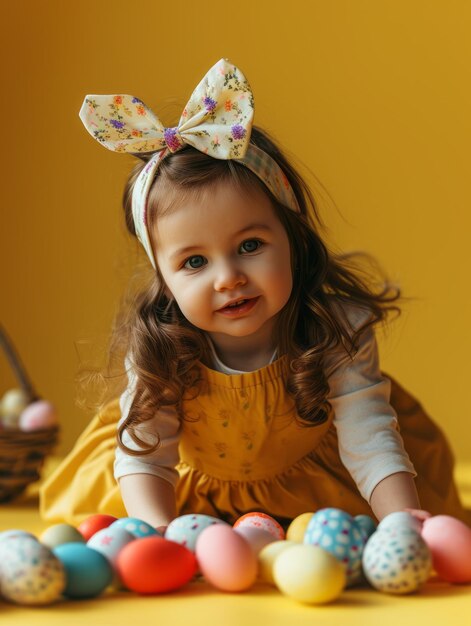 Cute Little Girl with Easter Concept on a Flat Background