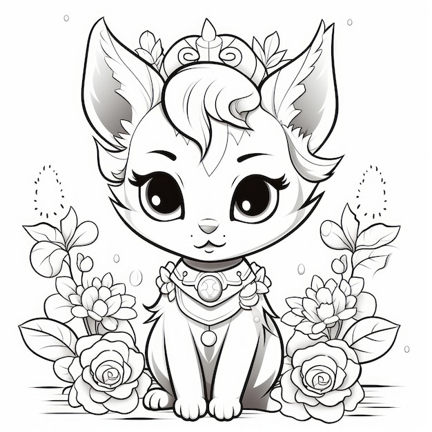 Cute little girl with flowers Vector illustration for coloring book