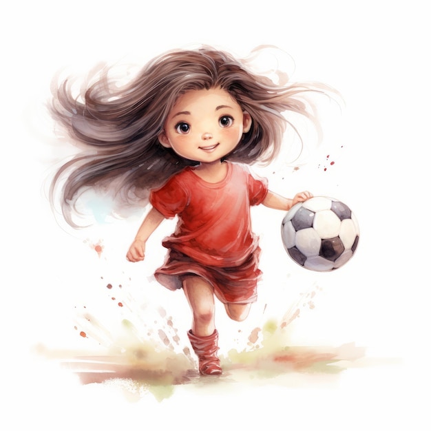 飛んでいる髪と白い背景で隔離のサッカー ボールを持つかわいい女の子