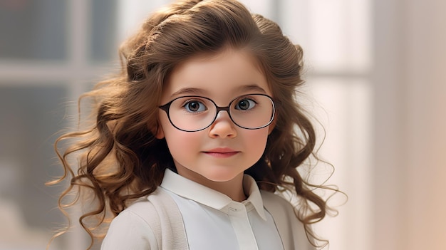 眼鏡をかぶった可愛い小さな女の子が明るい背景で彼女が明るい笑顔でカメラをじっと見つめているときの無邪気さと魅力