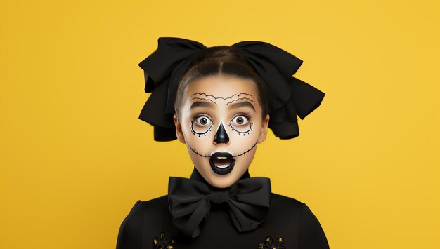 A cute little girl with halloween makeup on a yellow background