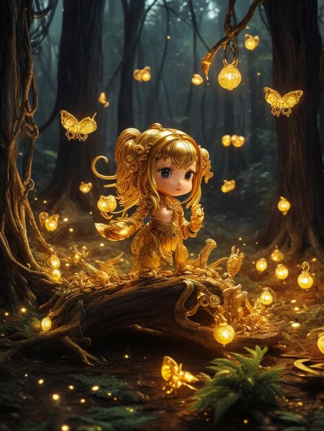 Cute little girl with hat in magic golden fantasy forest cinematic illustration
