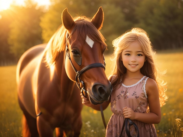 따뜻한 저녁 빛에 빛나는 사랑스러운 초원에서 그녀의 말과 함께 귀여운 작은 소녀