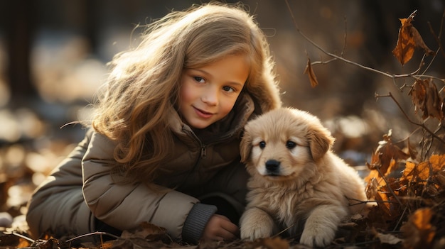 Фото Милая маленькая девочка со своей пушистой собакой в красивом осеннем парке вредит маленькой леди на прогулке со своим домашним животным счастливая смеющаяся девочка играет и веселится со своим обожаемым щенком