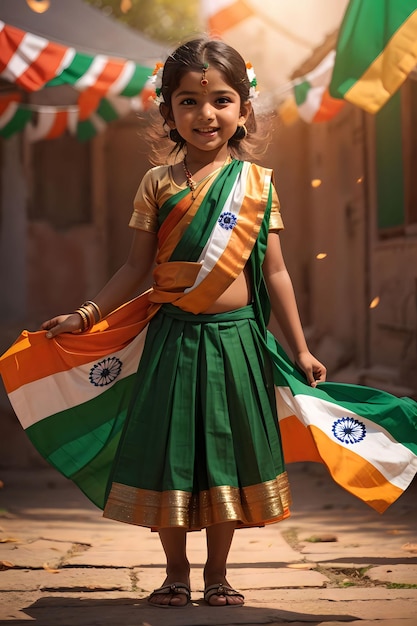 cute little girl with indian national tricolour flag generative ai