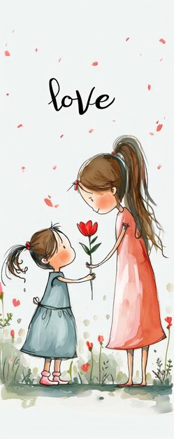 長い茶色のをポニーテールで結んだ可愛い小さな女の子が母親に花を贈る SMS LOVE