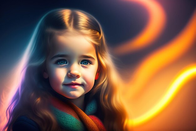 Cute little girl with luminous wavy lines