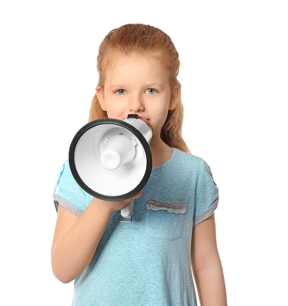 Cute little girl with megaphone on white 