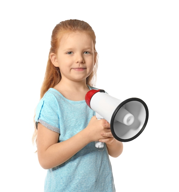 Cute little girl with megaphone on white 