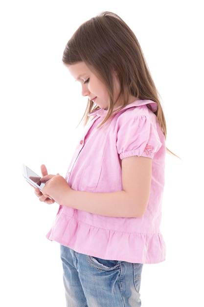 cute little girl with modern smart phone isolated on white background