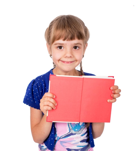 Cute little girl with open books in her hands Kid with a book Isolated on the white background