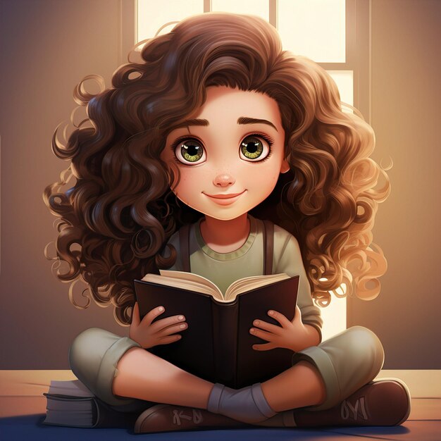 A cute little girl with oval hair is diligently reading a book