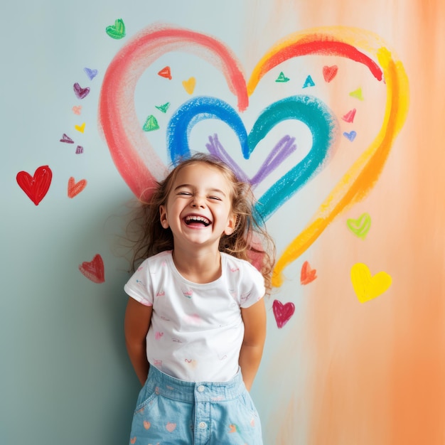 cute little girl with painted hearts smiling and looking at camera