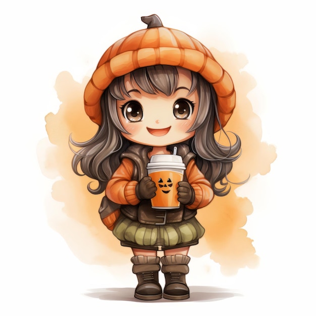Cute little girl with a paper cup of coffee in autumn park Vector illustration