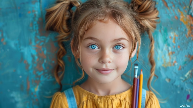 Cute little girl with pencils on a blue wall background