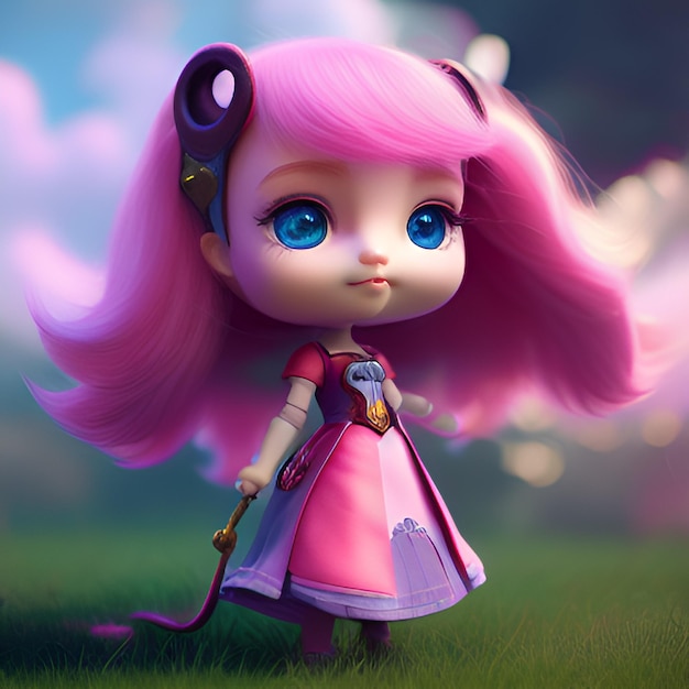 cute little girl with pink hair wearing a purple dress